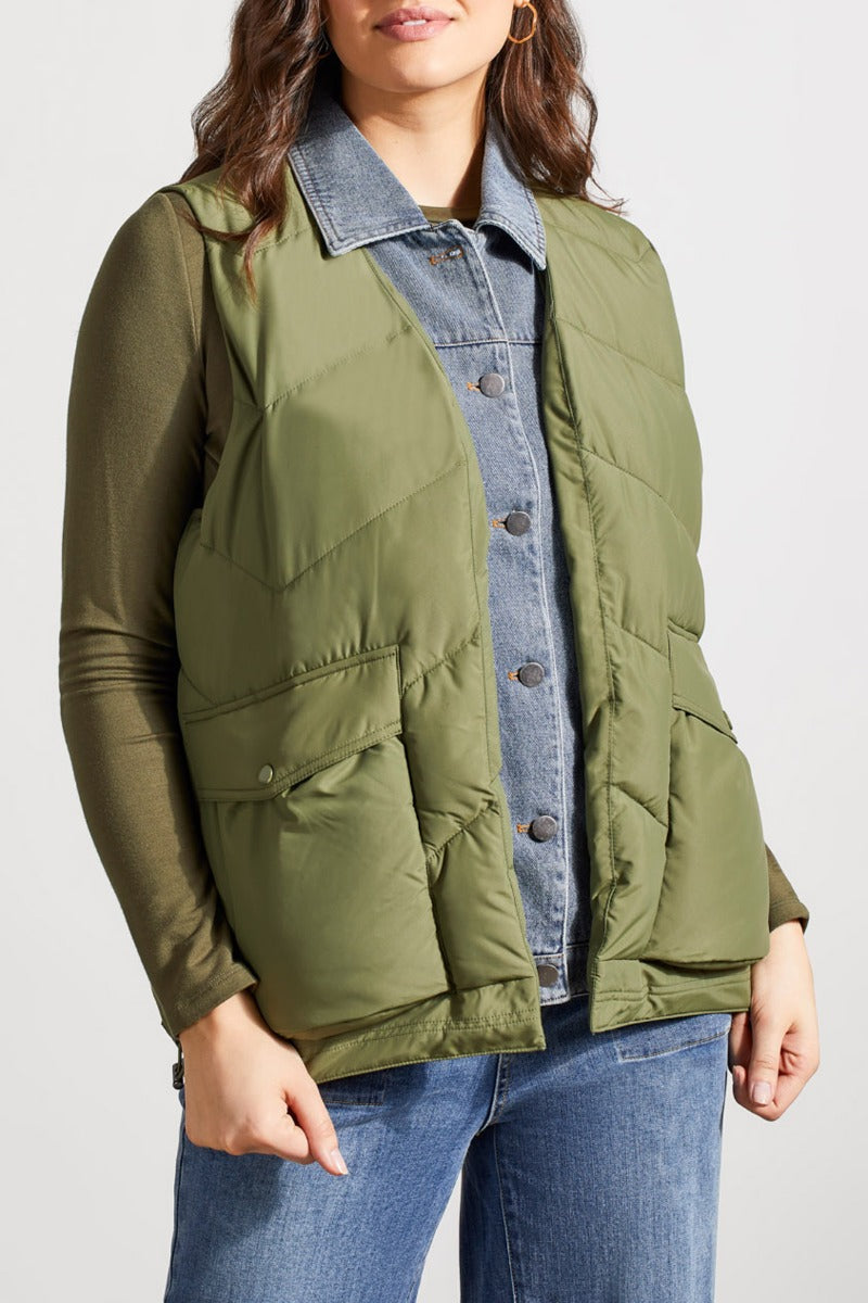 Denim Shirt Trim Puffer Vest