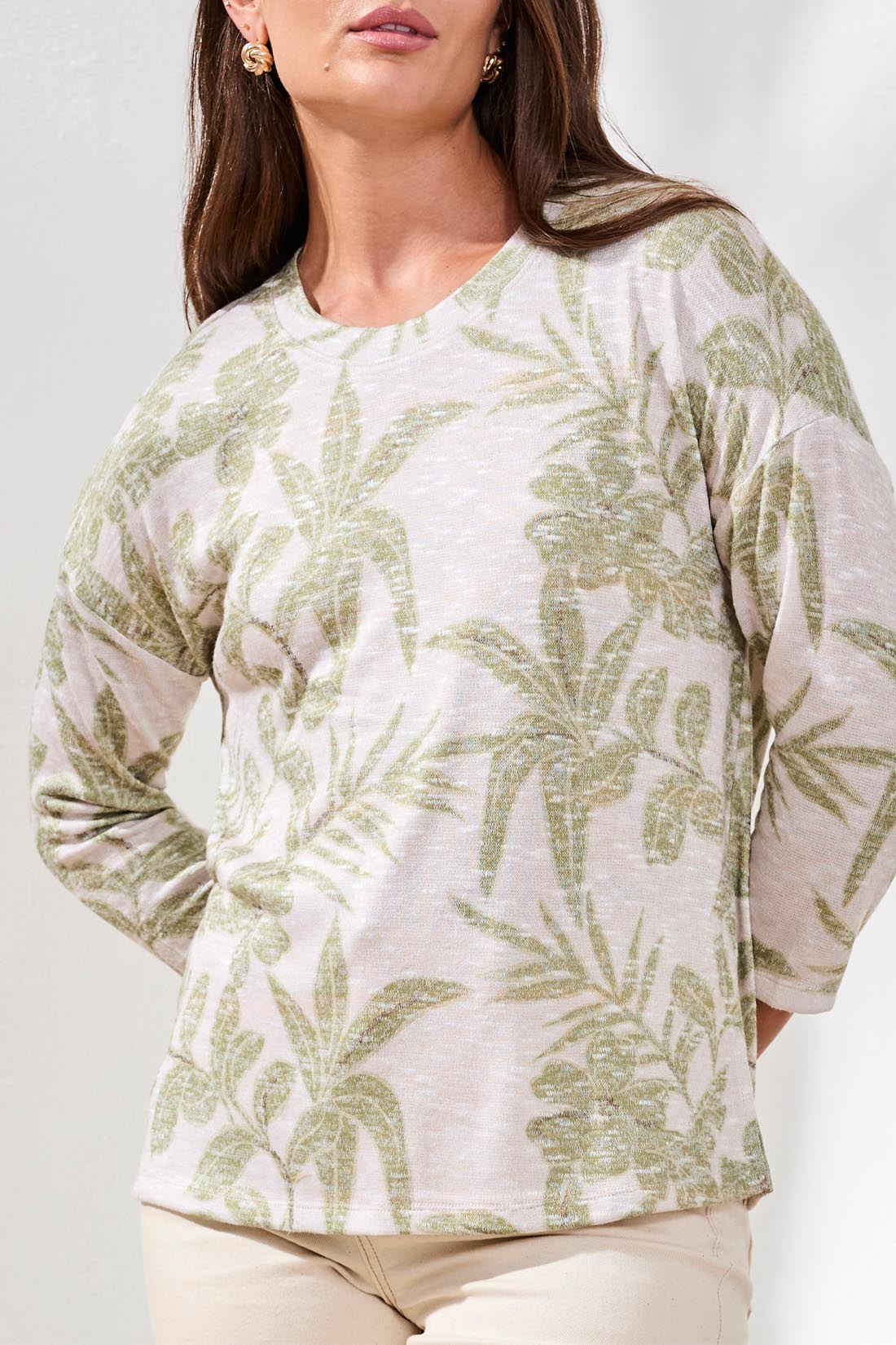 Leaf Print Slub Knit Top
