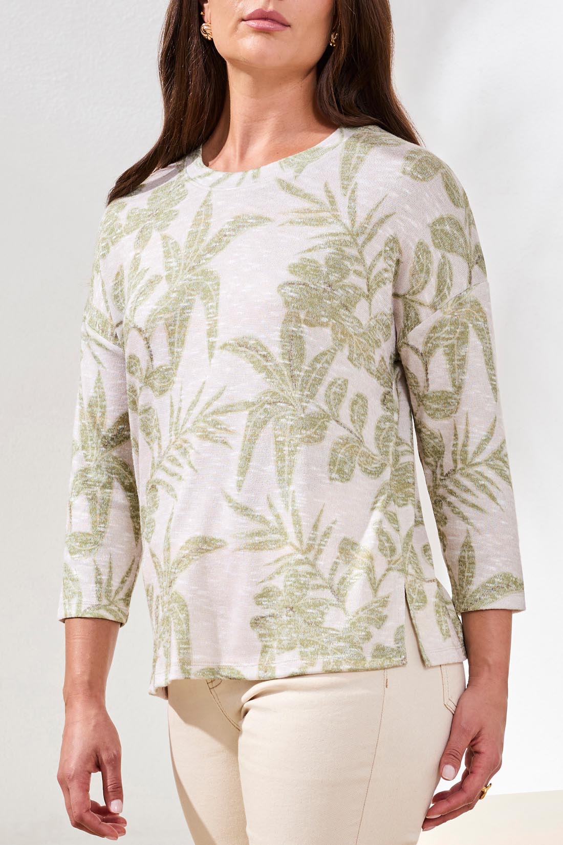 Leaf Print Slub Knit Top