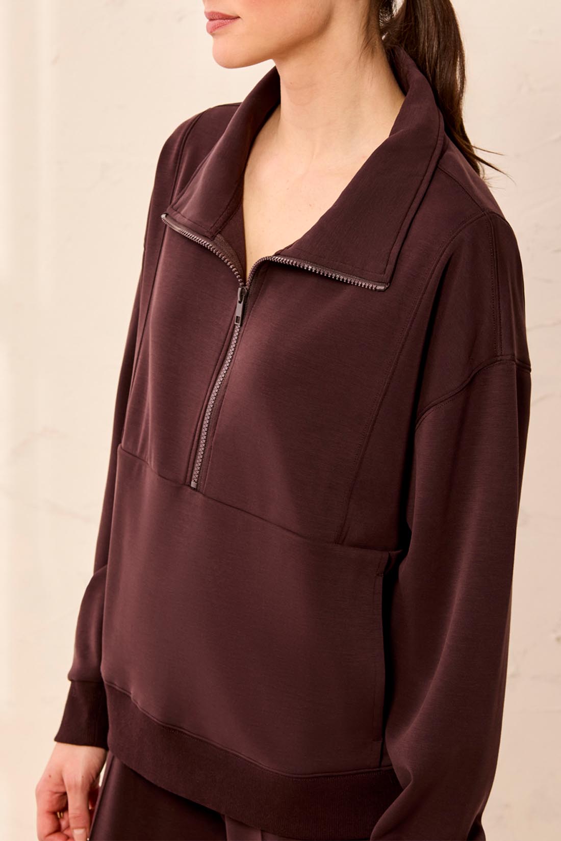 Faux Leather High Neck Zip Sweatshirt