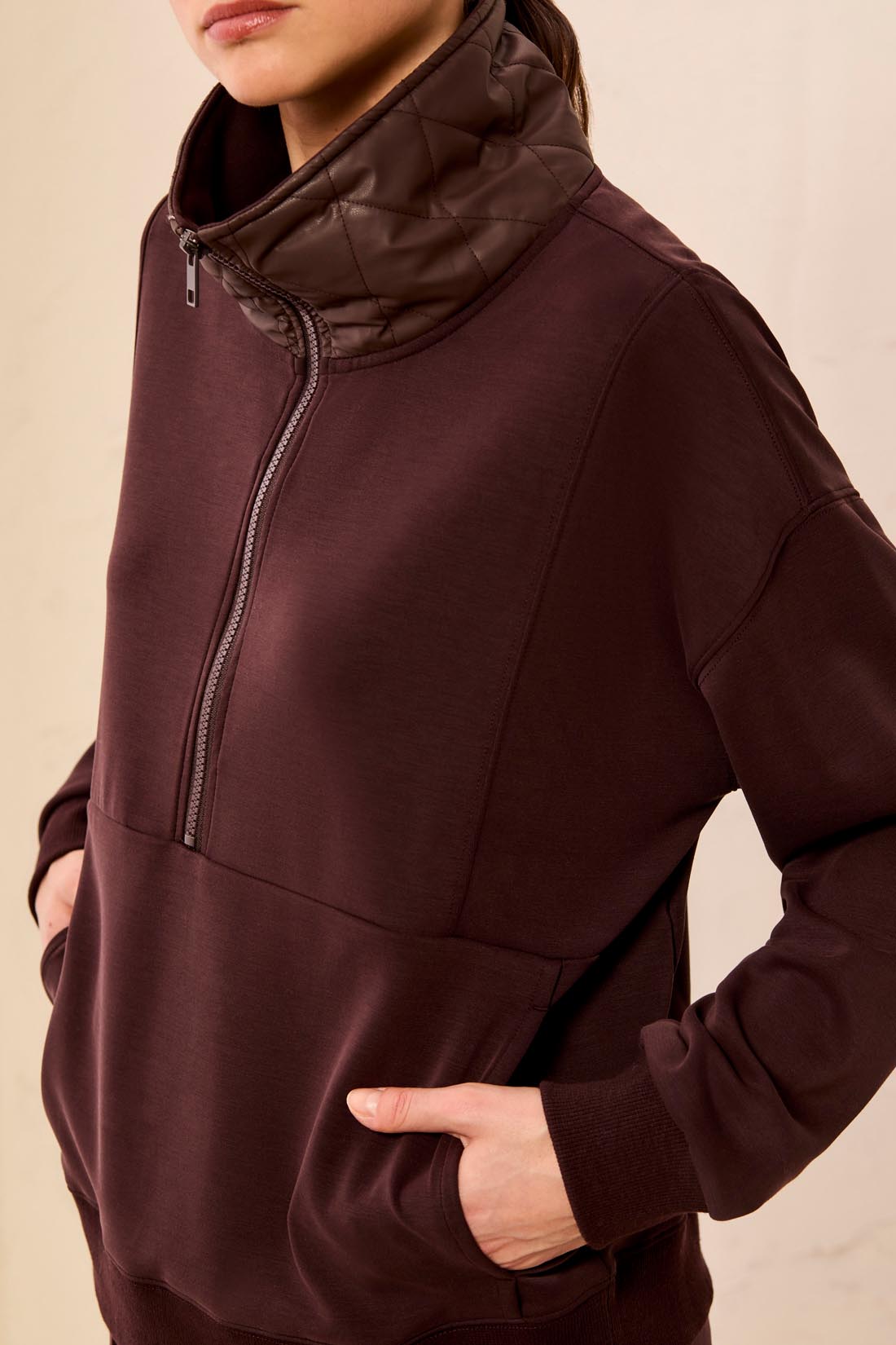 Faux Leather High Neck Zip Sweatshirt