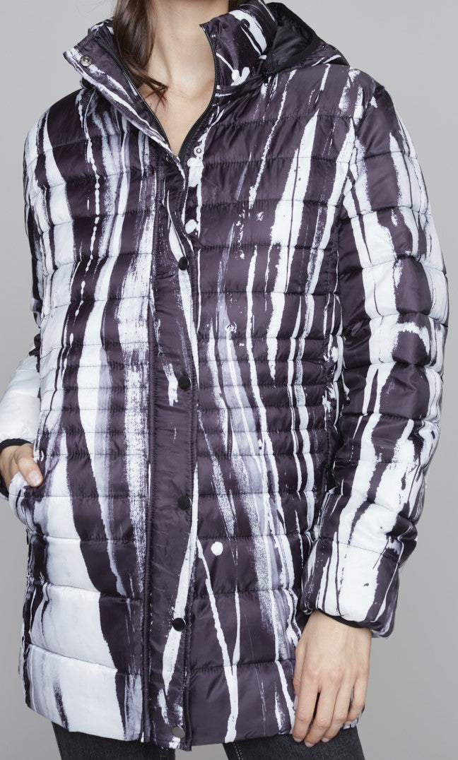 Abstract Print Hooded Puffer Coat