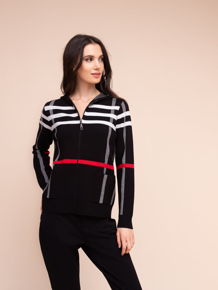 Plaid Zip Front Hooded Knit Jacket