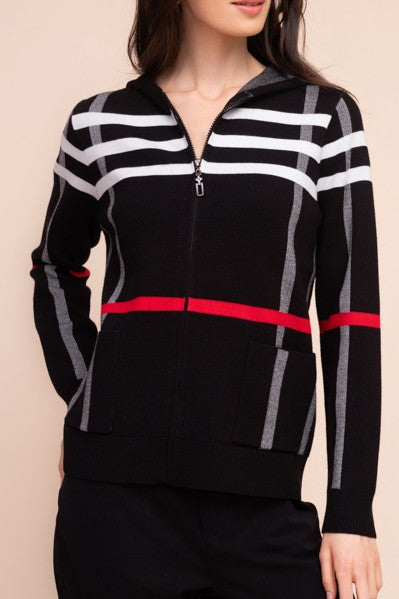 Plaid Zip Front Hooded Knit Jacket