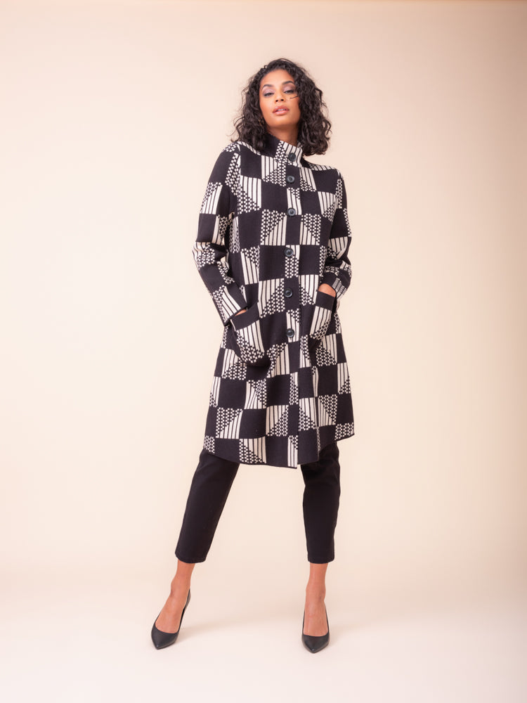 Geometric Print Button Front Knit Coat