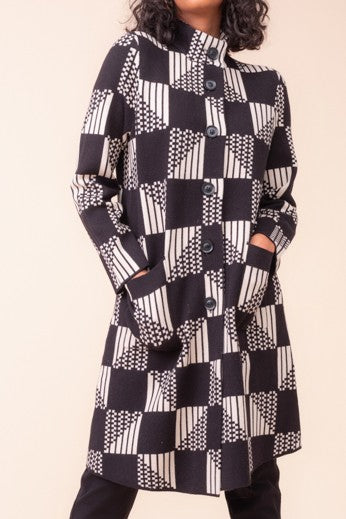 Geometric Print Button Front Knit Coat
