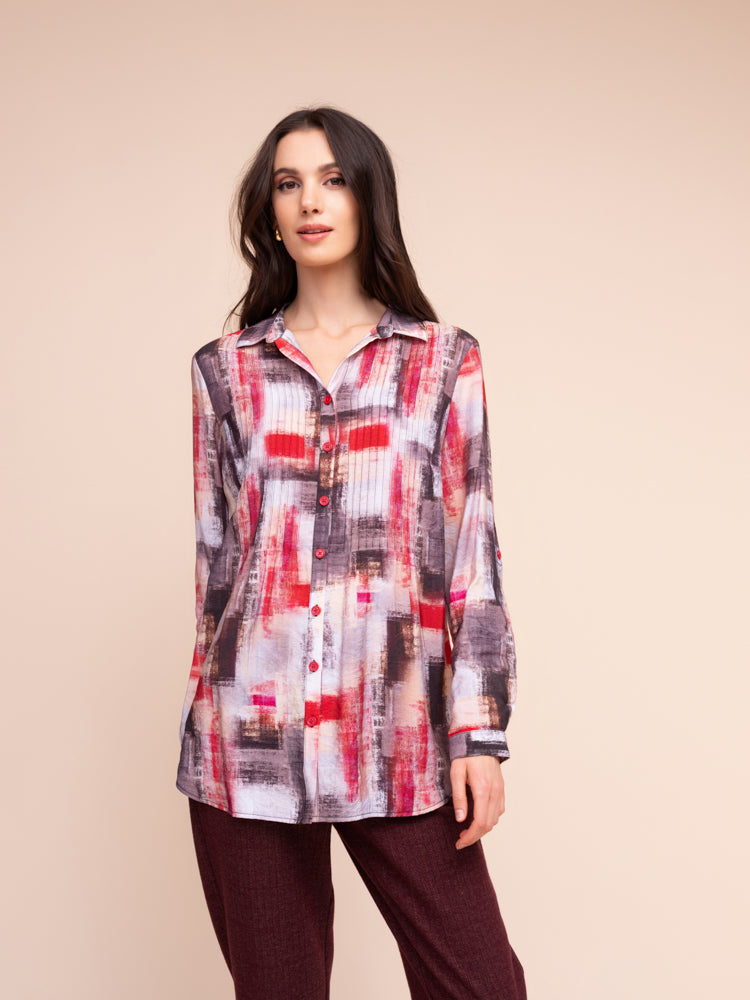 Abstract Print Pin Tuck Shirt