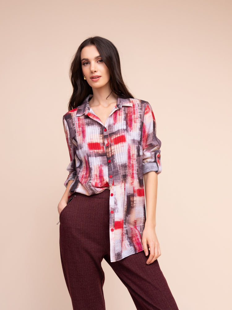 Abstract Print Pin Tuck Shirt