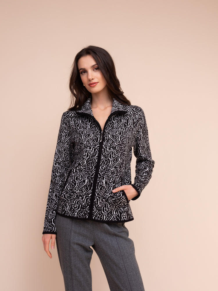 Abstract Print Zip Front Knit Jacket