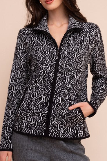 Abstract Print Zip Front Knit Jacket