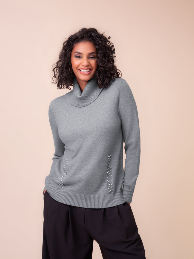 Cowl Neck Pearl Trim Sweater
