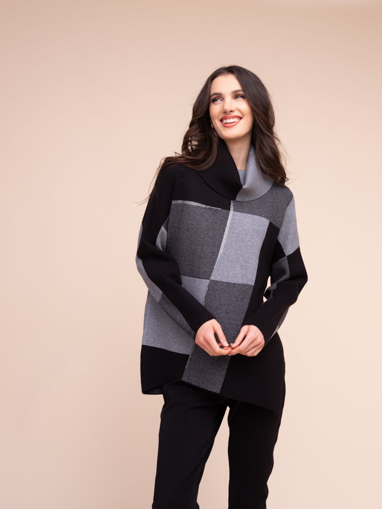 Check Print Cowl Neck Sweater