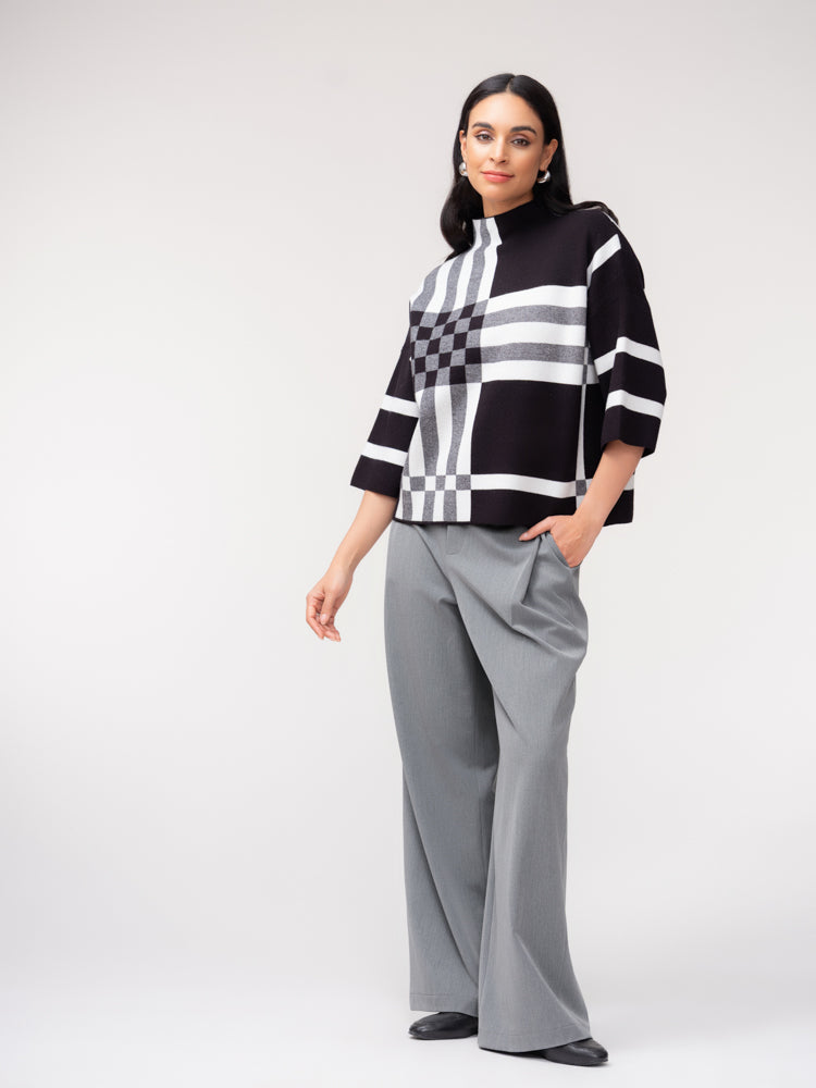 Check Print Funnel Neck Sweater