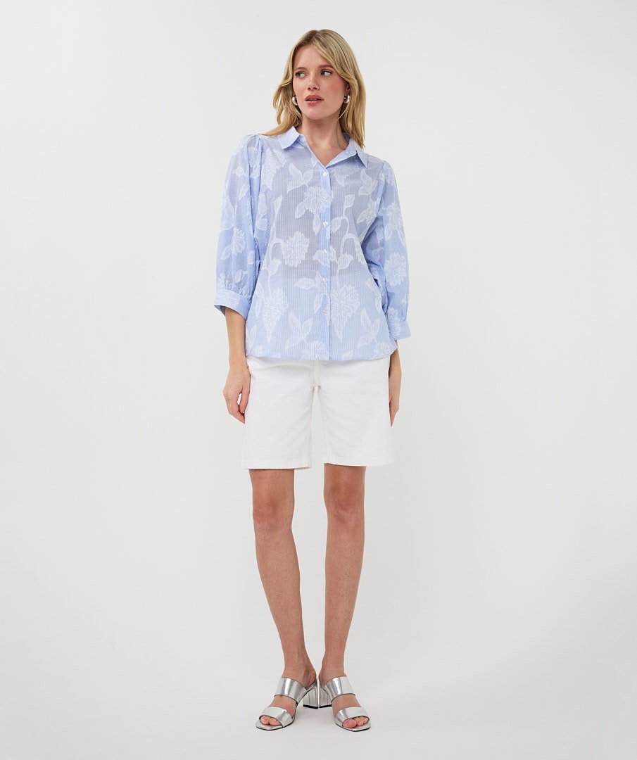Stripe & Flower Print Cotton Shirt