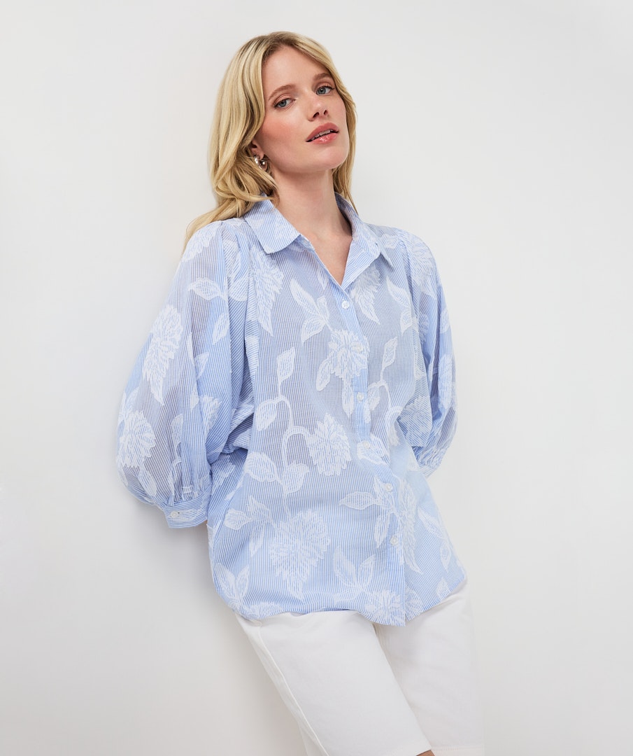 Stripe & Flower Print Cotton Shirt
