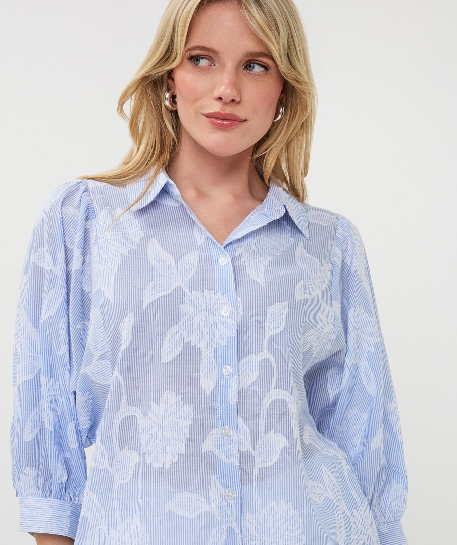 Stripe & Flower Print Cotton Shirt