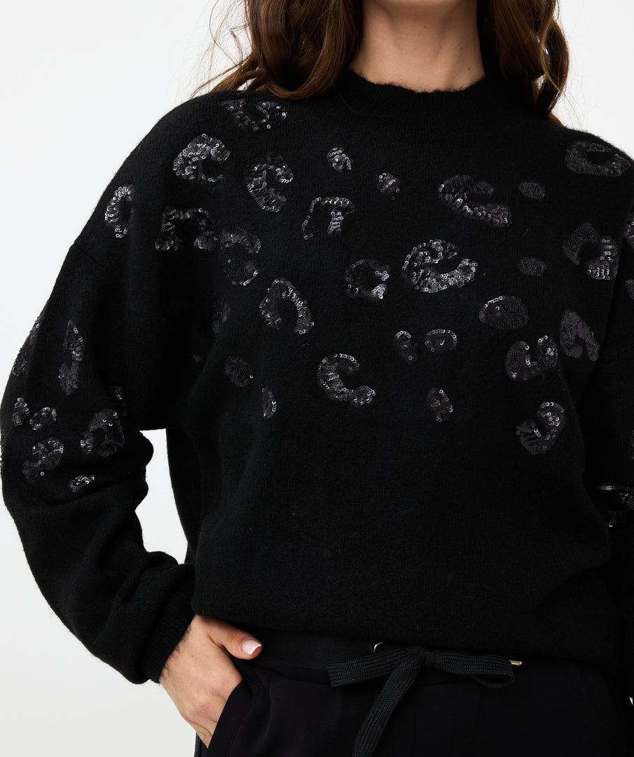 Leopard Print Sequin Trim Pullover