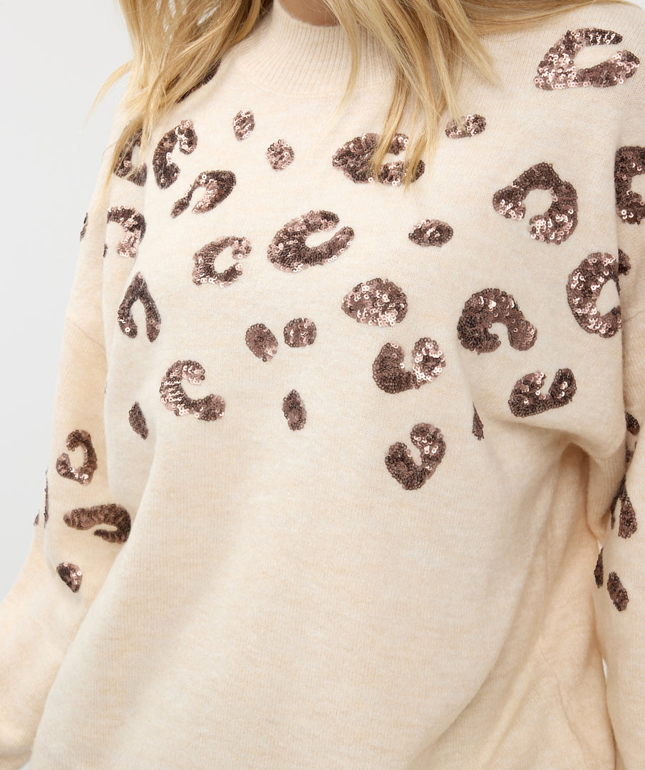 Leopard Print Sequin Trim Pullover