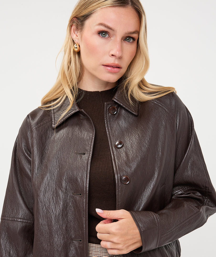 Faux Leather Button Front Jacket