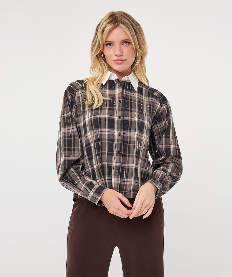 Plaid Print White Collar Shirt
