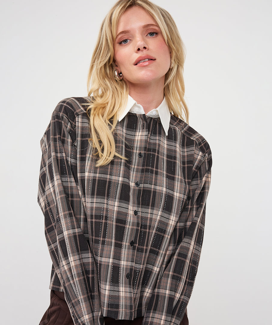 Plaid Print White Collar Shirt