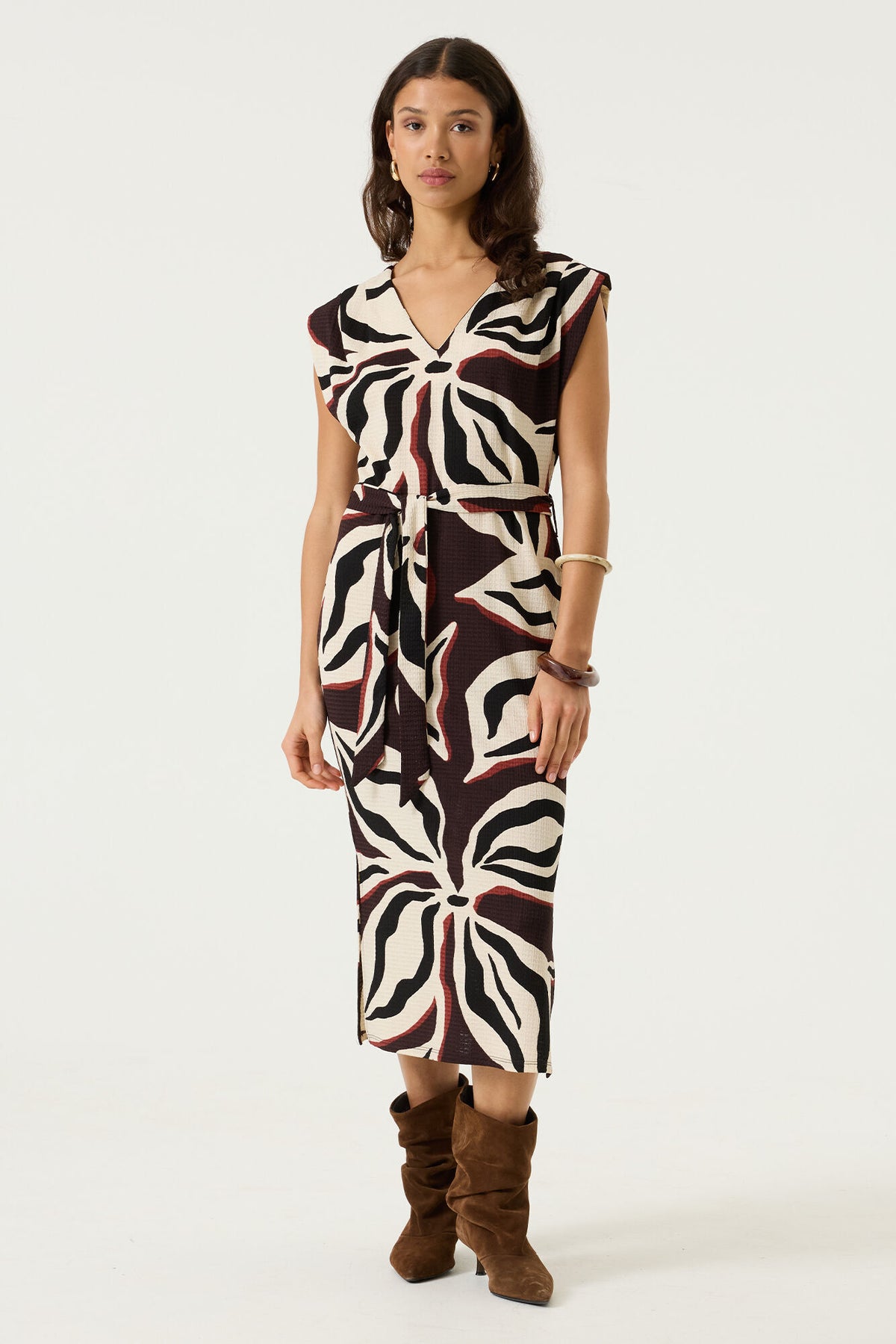 Abstract Print  Self Tie Midi Dress