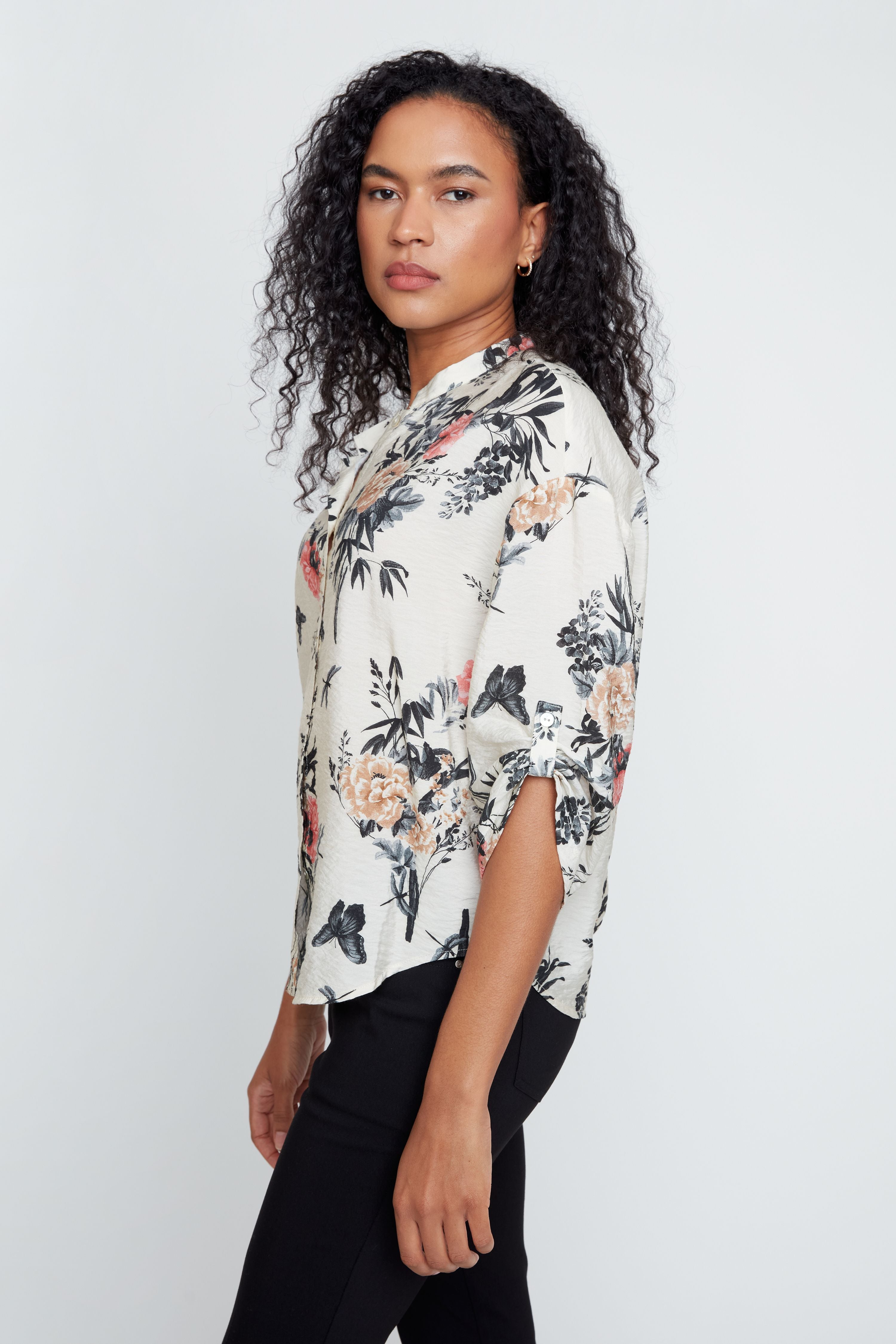 Flower Print Mandarin Collar Blouse