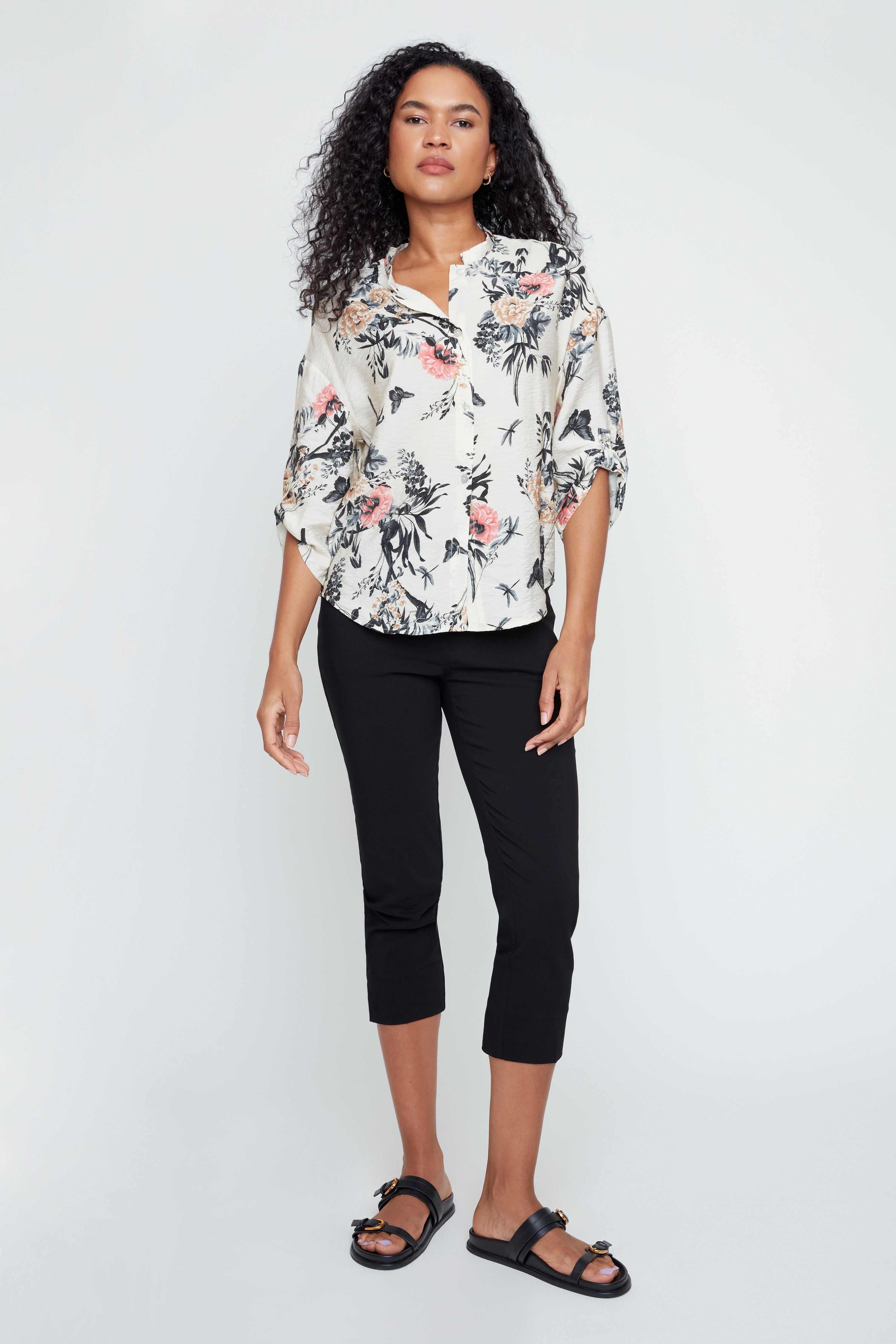 Flower Print Mandarin Collar Blouse