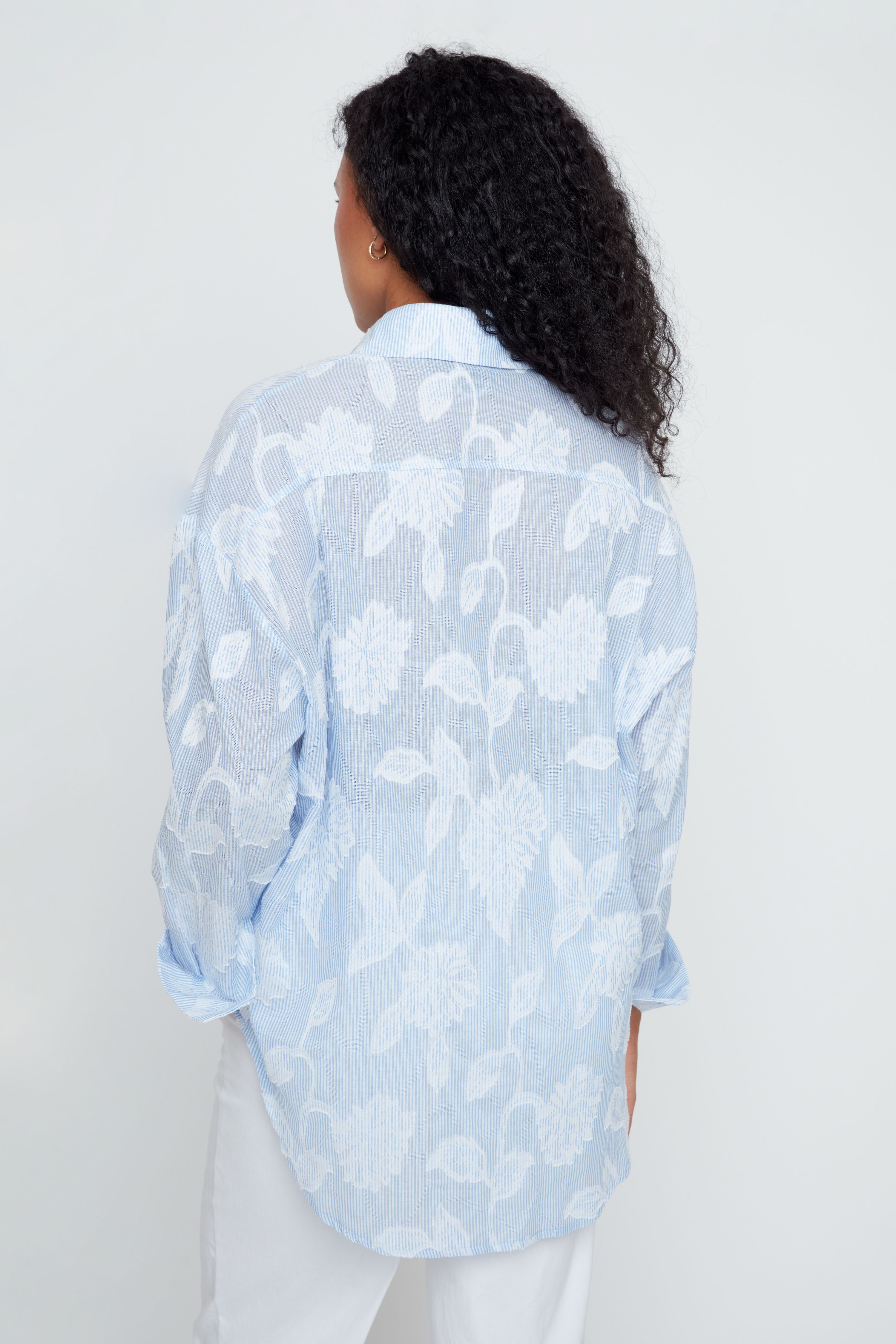 Stripe & Flower Print Cotton Shirt