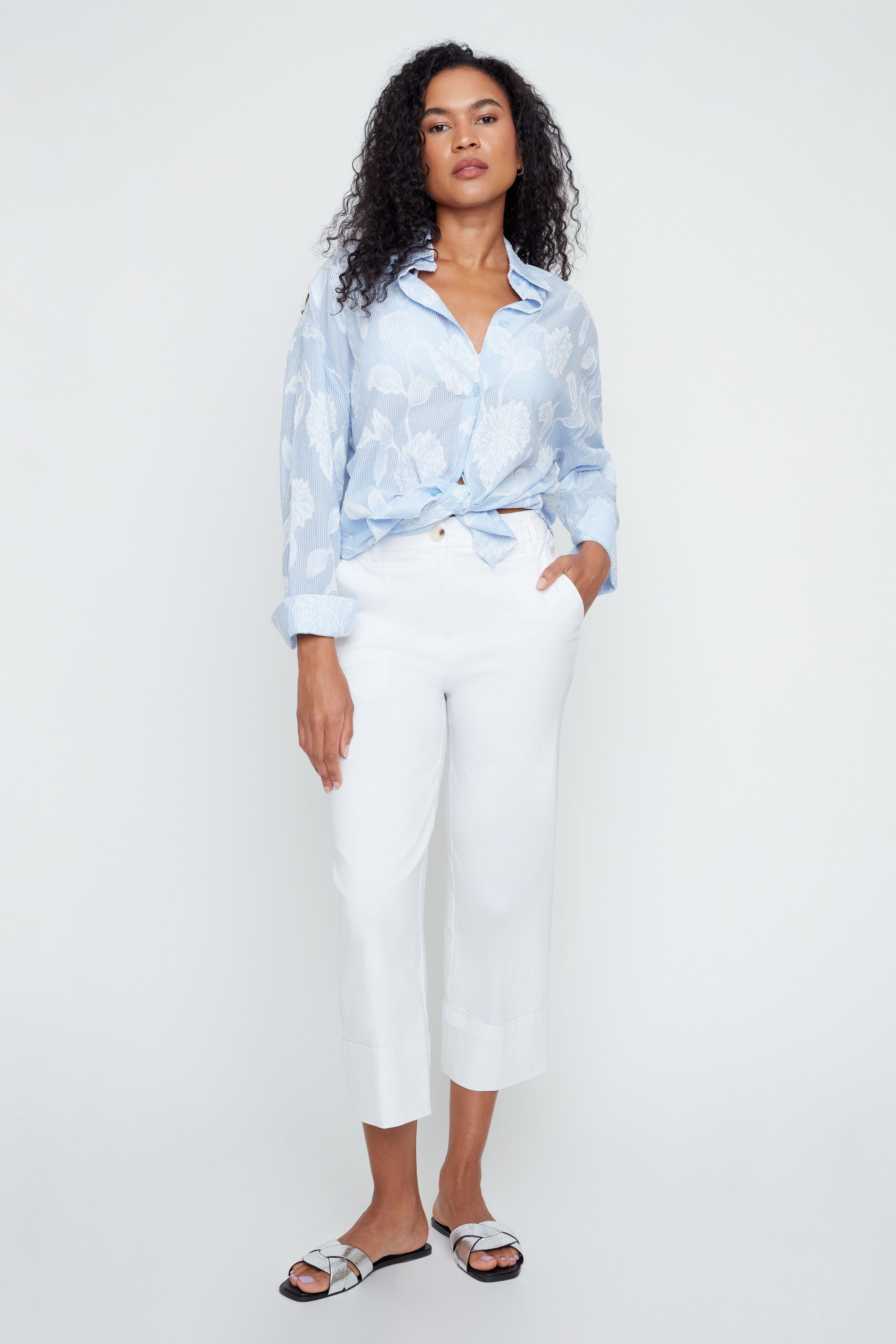 Stripe & Flower Print Cotton Shirt