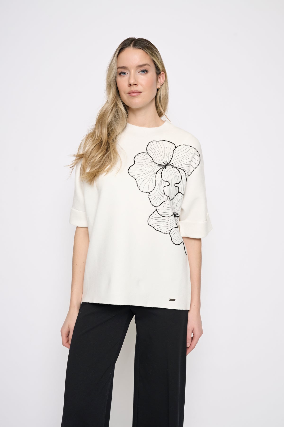 Beaded Flower Elbow Sleeve Sweater