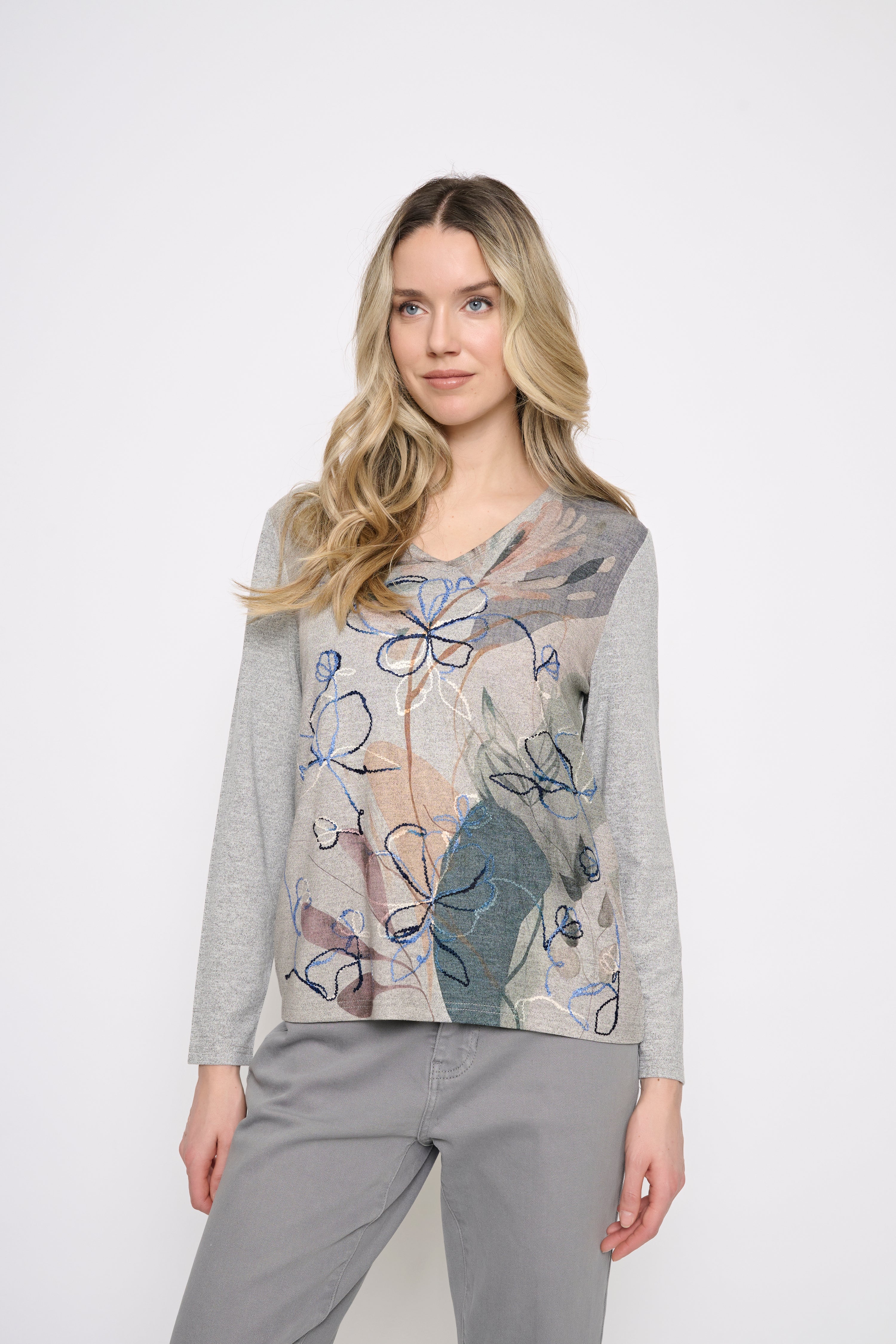 Floral Print Melange Knit Top