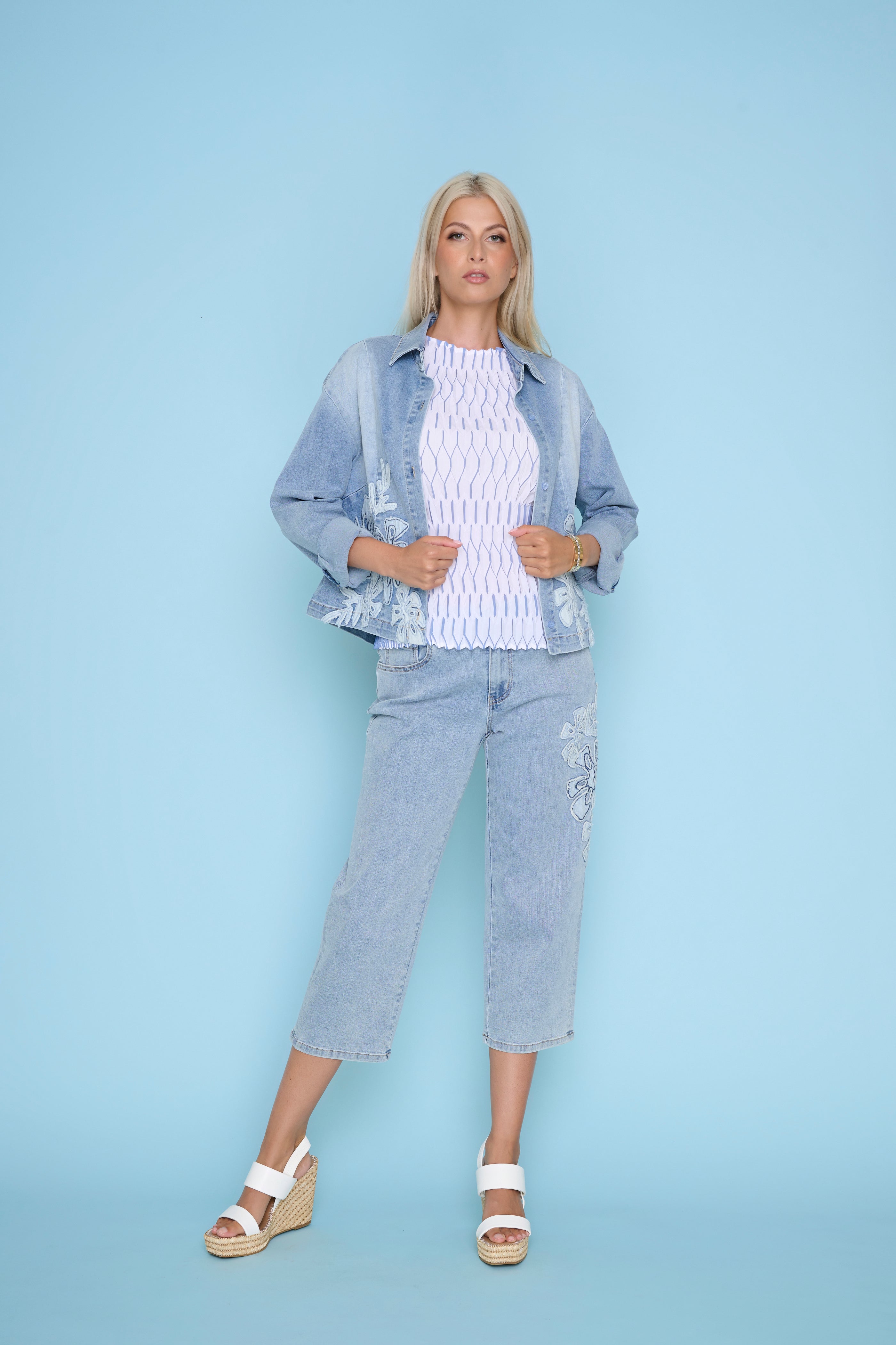 Floral Applique Denim Capri