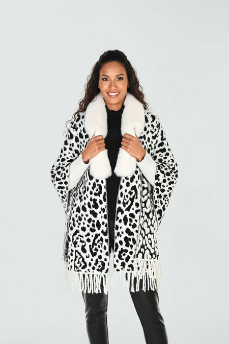 Faux Fur Trim Animal Print Cape
