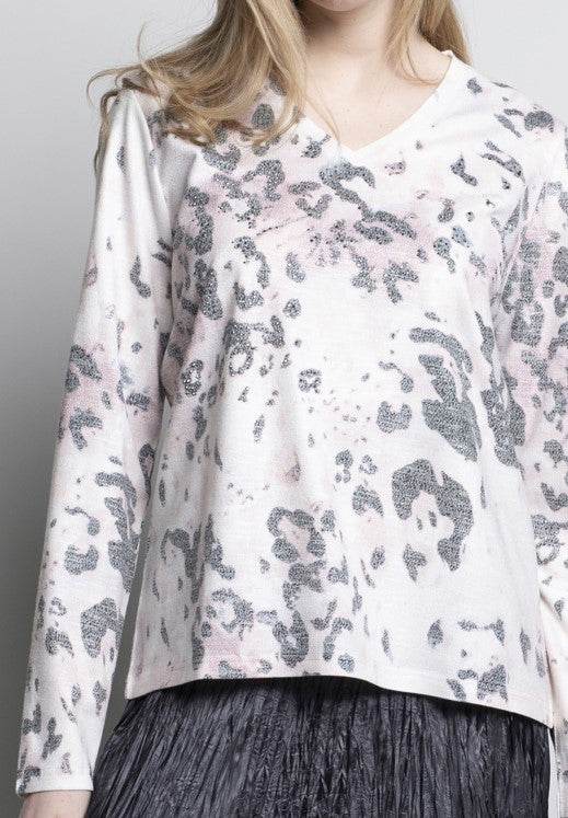 Animal Print Stud Trim V-Neck Top